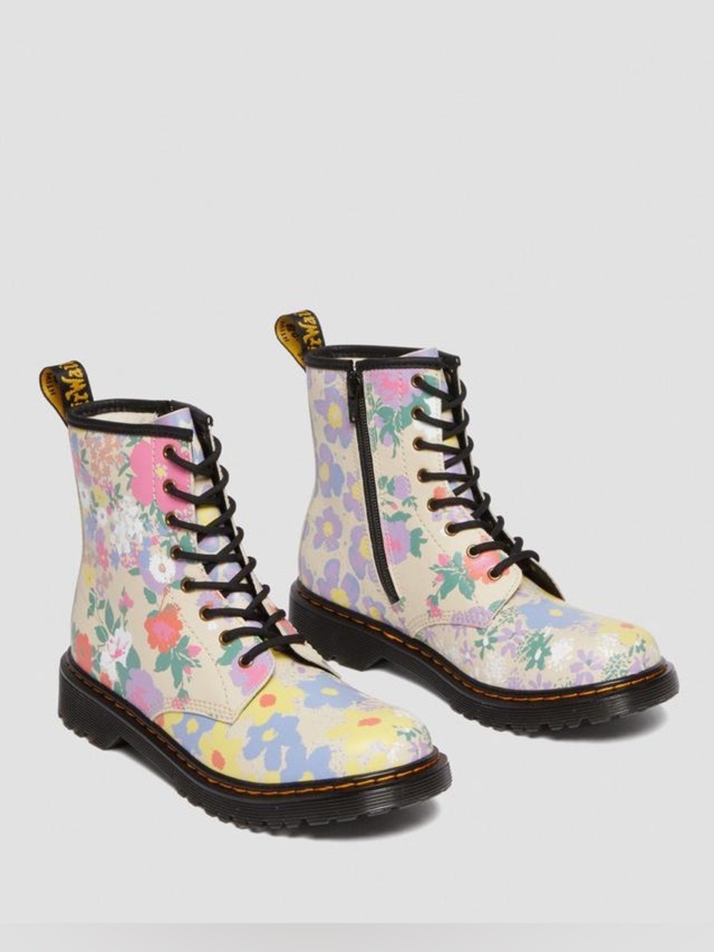 Doc Martens Youth 1460 Floral Mash Up Leather Lace Up Boots Side Zip Girls